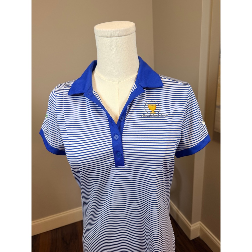 Nike Golf Womens Presidents Cup Dri-FIT Polo Shirt Blue White Striped Medium